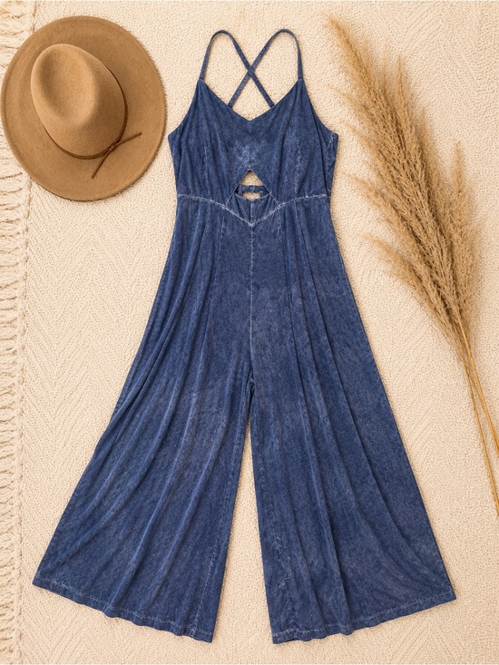 Pants - Women's Blue Wide-Leg Jumpsuit with Crisscross Straps